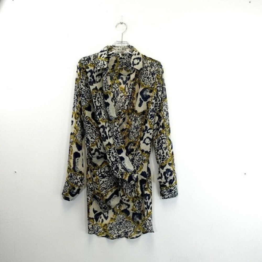 MISS SELFIE Womens Blue Gold Mini Dress LARGE Leopard Print Sheer Cocktail Party